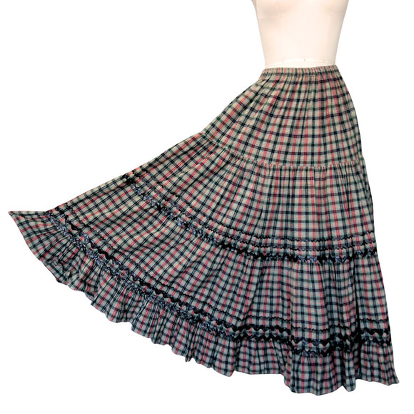 Anna Konya Vintage Plaid Maxi Skirt One Size Flannel Tiered Christmas Ric Rac - Picture 1 of 7